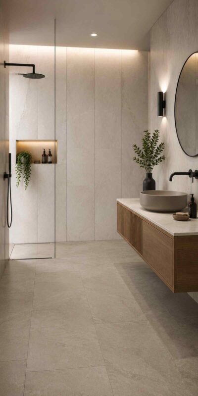large format wall tiles with 300x600 floor tiles Brisbane bathroom