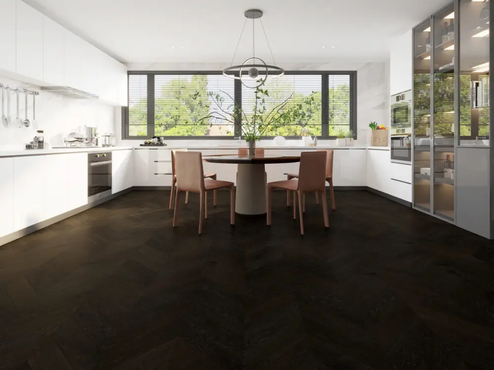 iDesign Chevron Floors 6 Apolo Grey chevron engineered oak flooring in a dining room