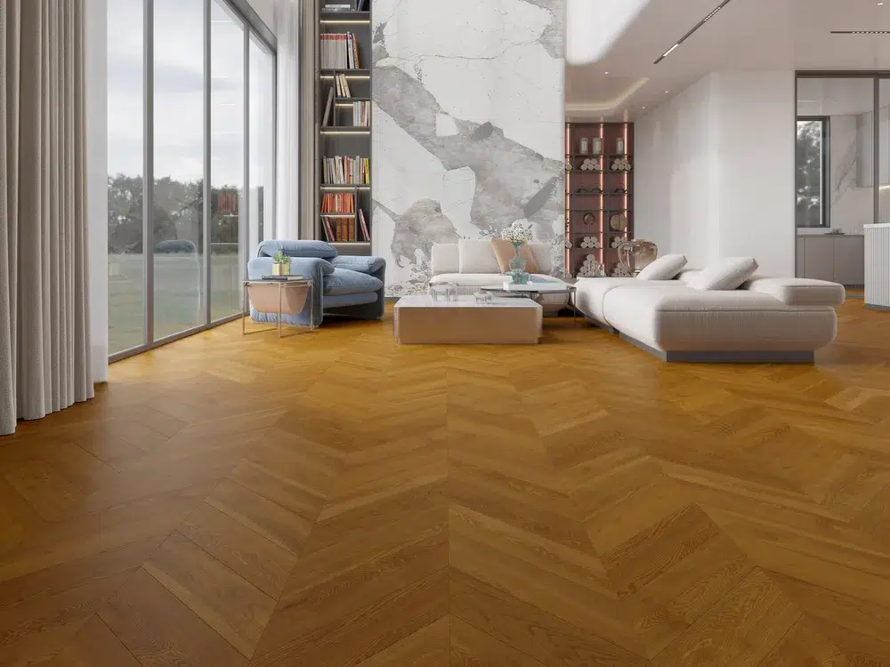 iDesign Chevron Floors 4 Beige Ash chevron engineered oak flooring with floor to ceiling windows