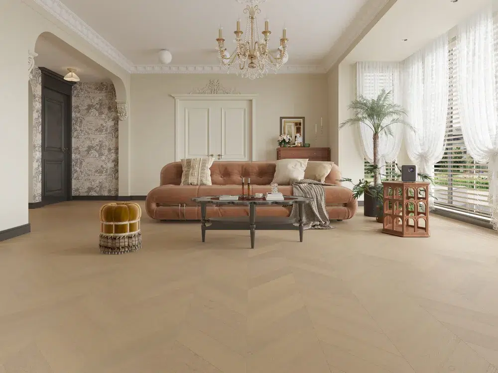 iDesign Chevron Floors 1 Casper White chevron engineered oak flooring in a living room