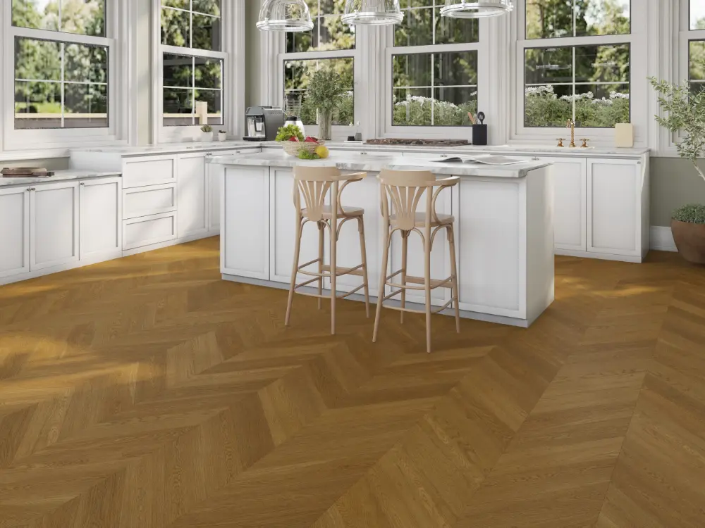 iDesign Chevron Floors 7 Coral Sand chevron engineered oak flooring in a kitchen