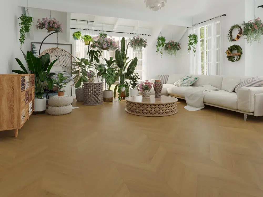 iDesign Chevron Floors 5 Light Malt chevron engineered oak flooring in a plant filled living room