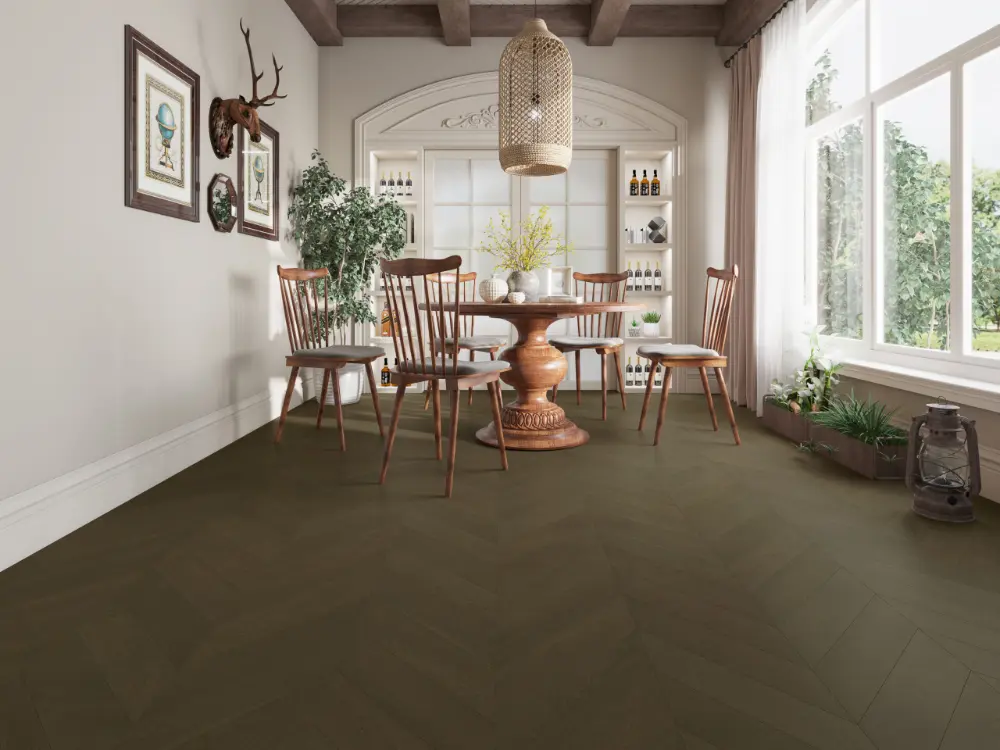 iDesign Chevron Floors 8 Midnight Grey chevron engineered oak flooring in a kitchen and dining area