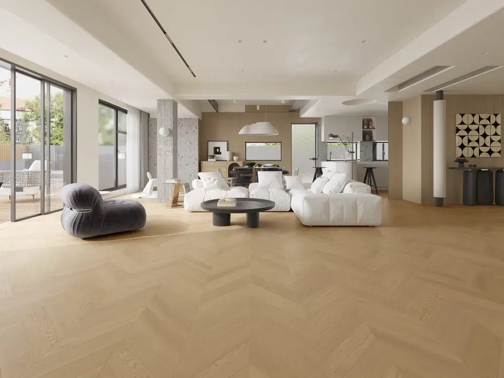 iDesign Chevron Floors 2 Tinge Clay chevron engineered oak flooring in an open plan living space